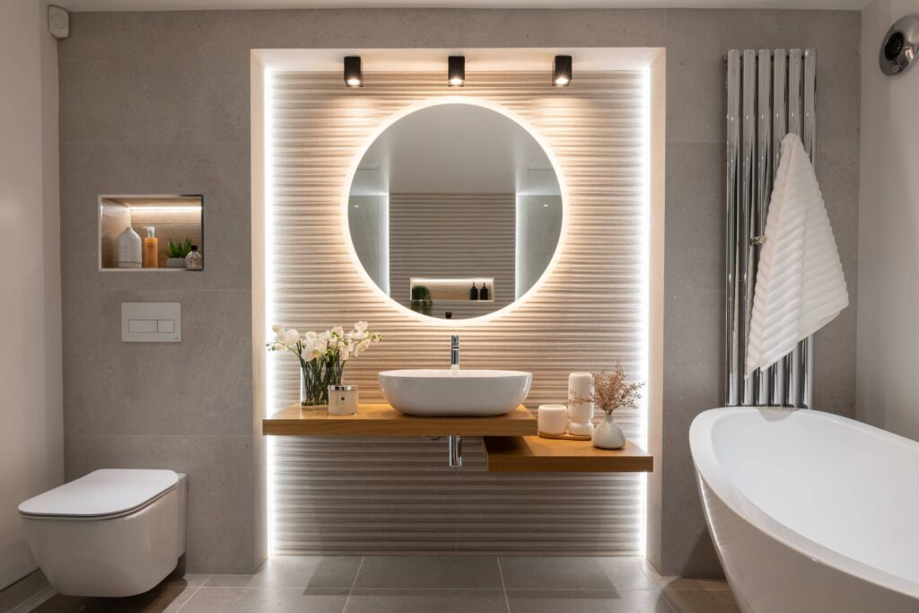 Moderne badkamer met vrijstaande badkuip, wandtoilet, verlichte wastafel en stijlvolle decoratie
