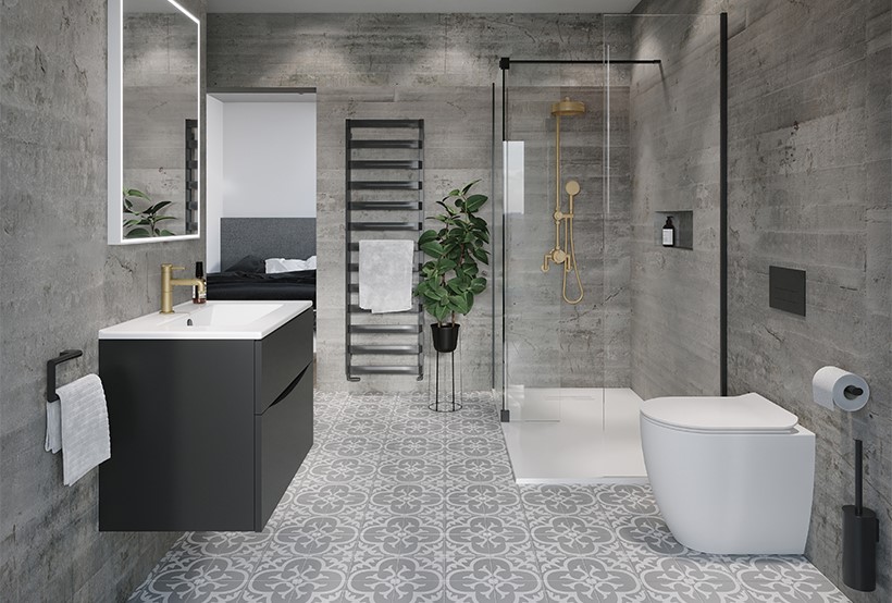Compacte badkamer met inloopdouche, wandtoilet en maatwerk wastafelmeubel