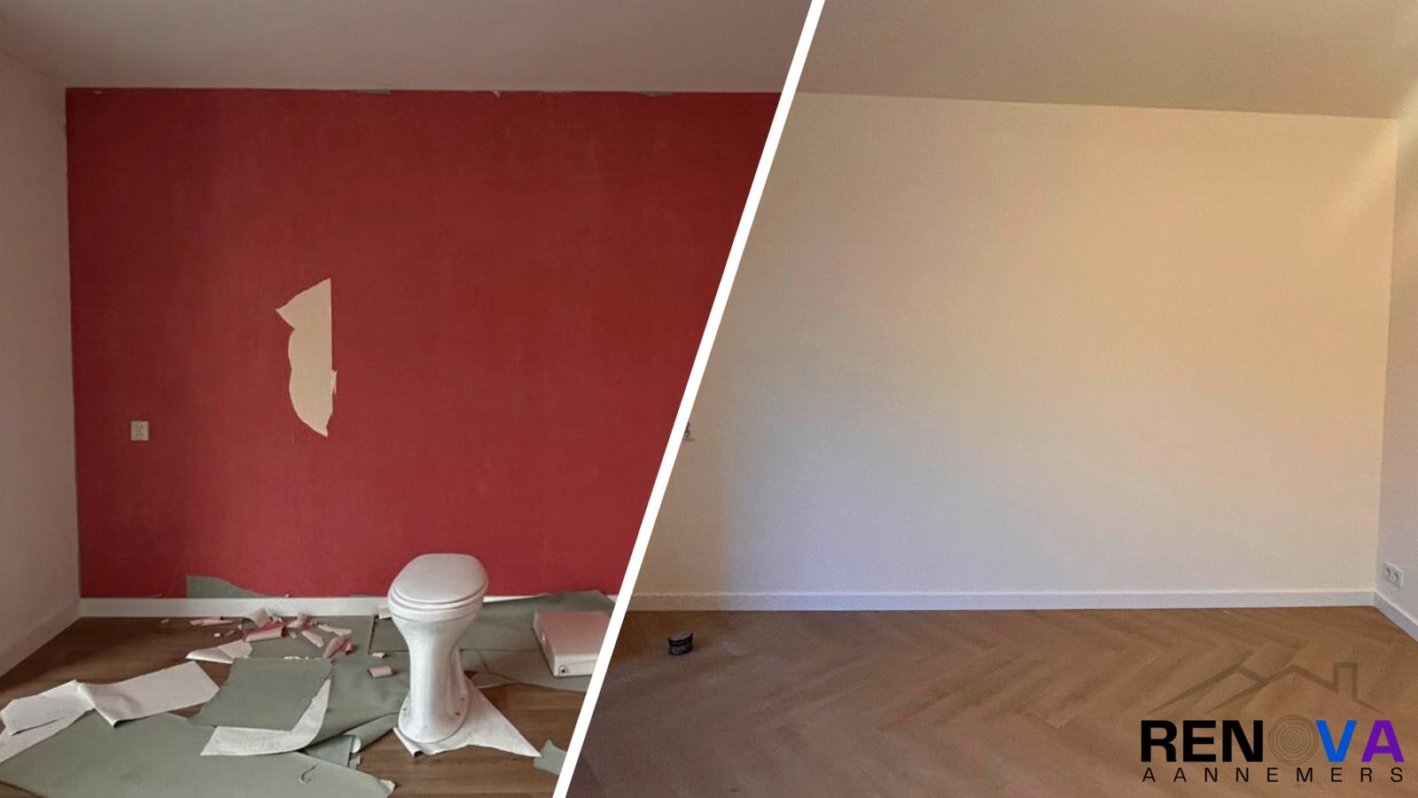 Woonkamer renovatie voor en na: nieuw schilderwerk en visgraat PVC-vloeren